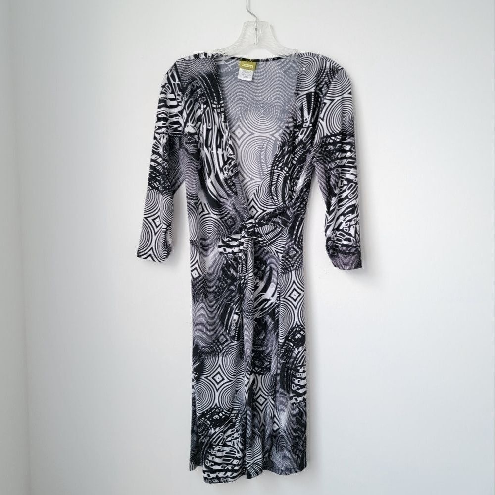 ACORN Retro Black & White Wrap Dress Long Sleeve Size Small